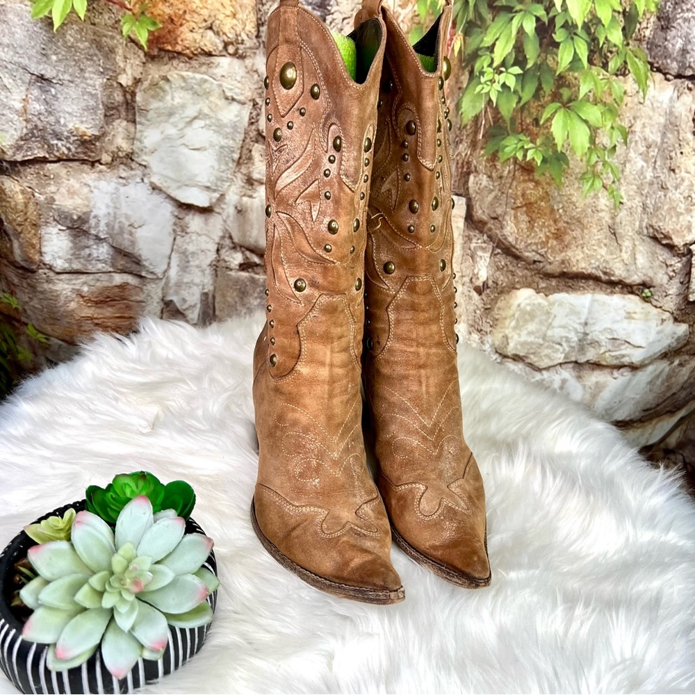 MADE IN ITALY Distressed Western Suede Embellished Boots, 37 - Picture 5 of 15